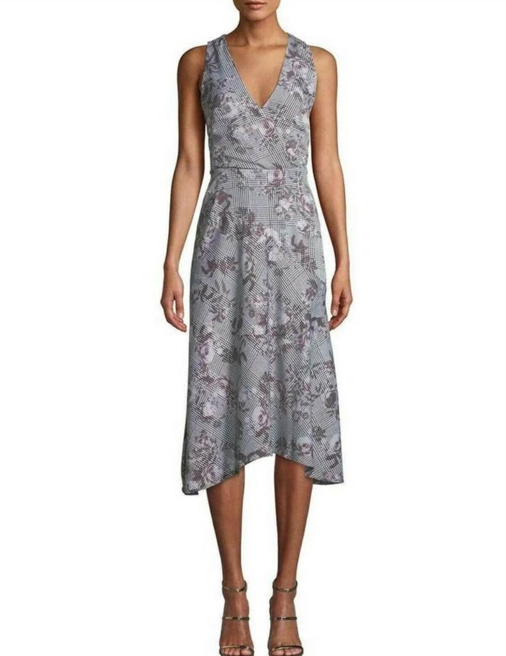 Rachel by Rachel Roy Giles Gray Floral Houndstooth Sleeveless Midi Dress - 14